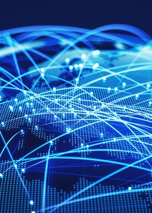 A digital depiction of a world map with glowing blue lines and nodes, illustrating global connectivity.