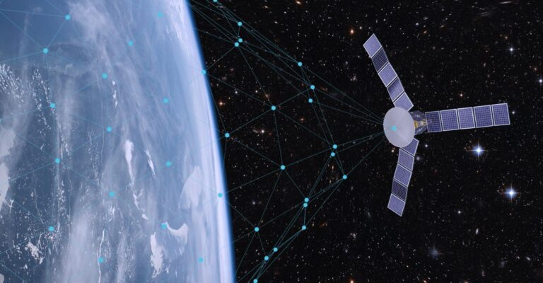 Satellite orbiting in the vastness of space, showcasing its intricate design and solar panels.