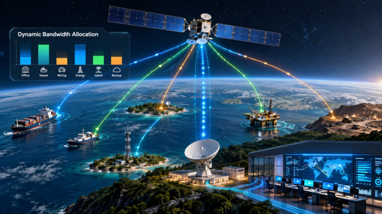 A satellite is depicted alongside several other satellites in orbit, showcasing their arrangement in space